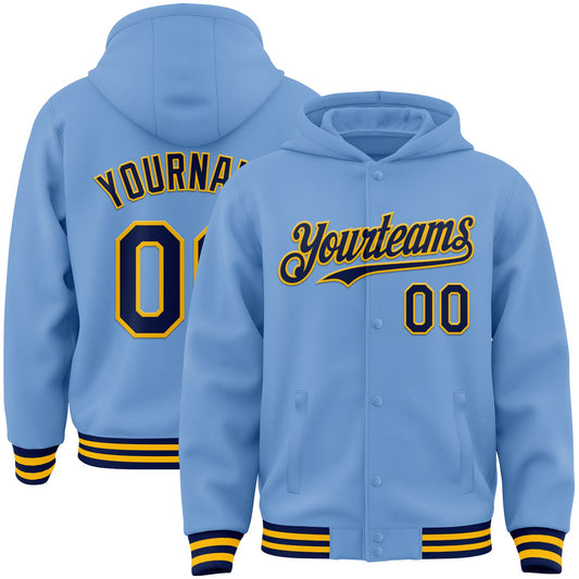Custom Light Blue Navy-Gold Bomber Full-Snap Varsity Letterman Hoodie Jacket - Main View