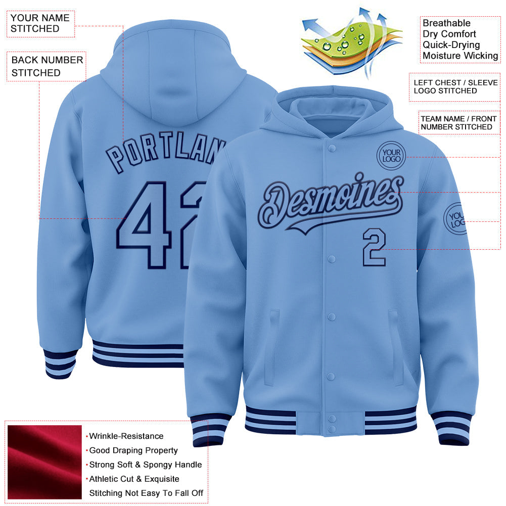 Custom Light Blue Navy Bomber Full-Snap Varsity Letterman Hoodie Jacket view 3