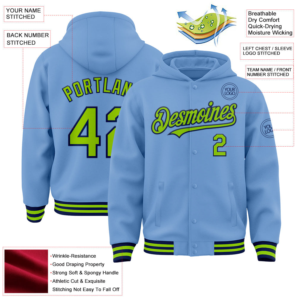 Custom Light Blue Neon Green-Navy Bomber Full-Snap Varsity Letterman Hoodie Jacket view 3