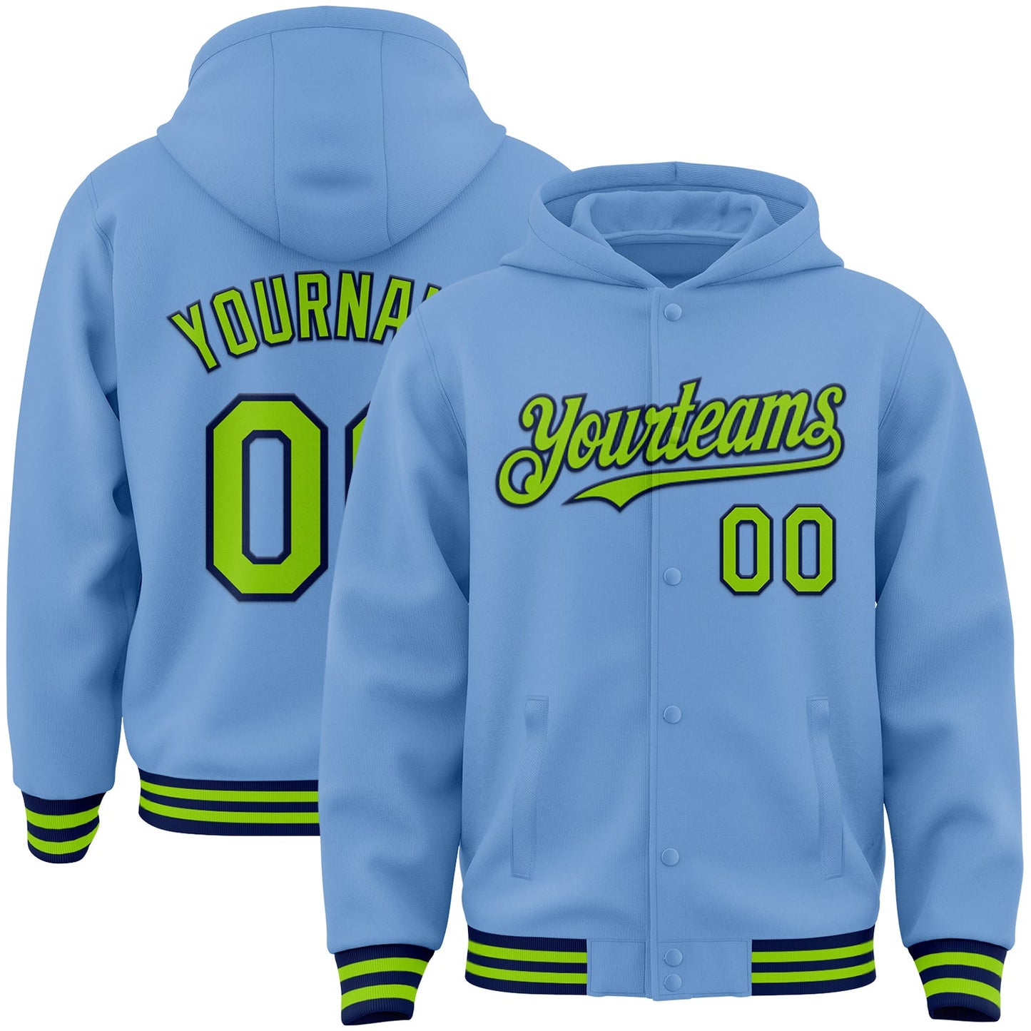 Custom Light Blue Neon Green-Navy Bomber Full-Snap Varsity Letterman Hoodie Jacket - Main View
