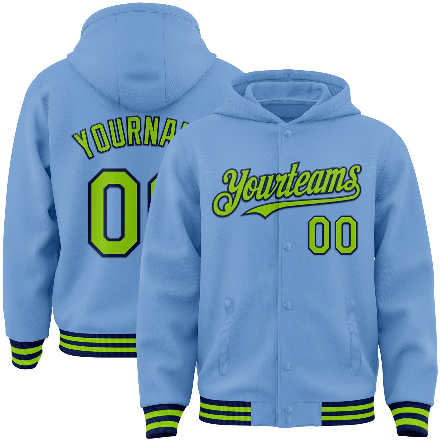 Custom Light Blue Neon Green-Navy Bomber Full-Snap Varsity Letterman Hoodie Jacket - Main View