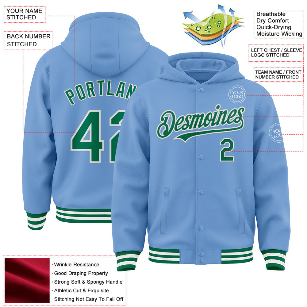 Custom Light Blue Kelly Green-White Bomber Full-Snap Varsity Letterman Hoodie Jacket view 3