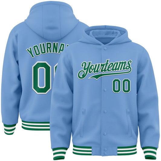 Custom Light Blue Kelly Green-White Bomber Full-Snap Varsity Letterman Hoodie Jacket - Main View