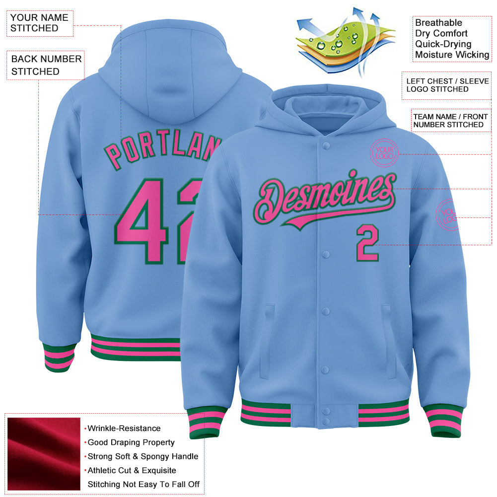 Custom Light Blue Pink-Kelly Green Bomber Full-Snap Varsity Letterman Hoodie Jacket view 3