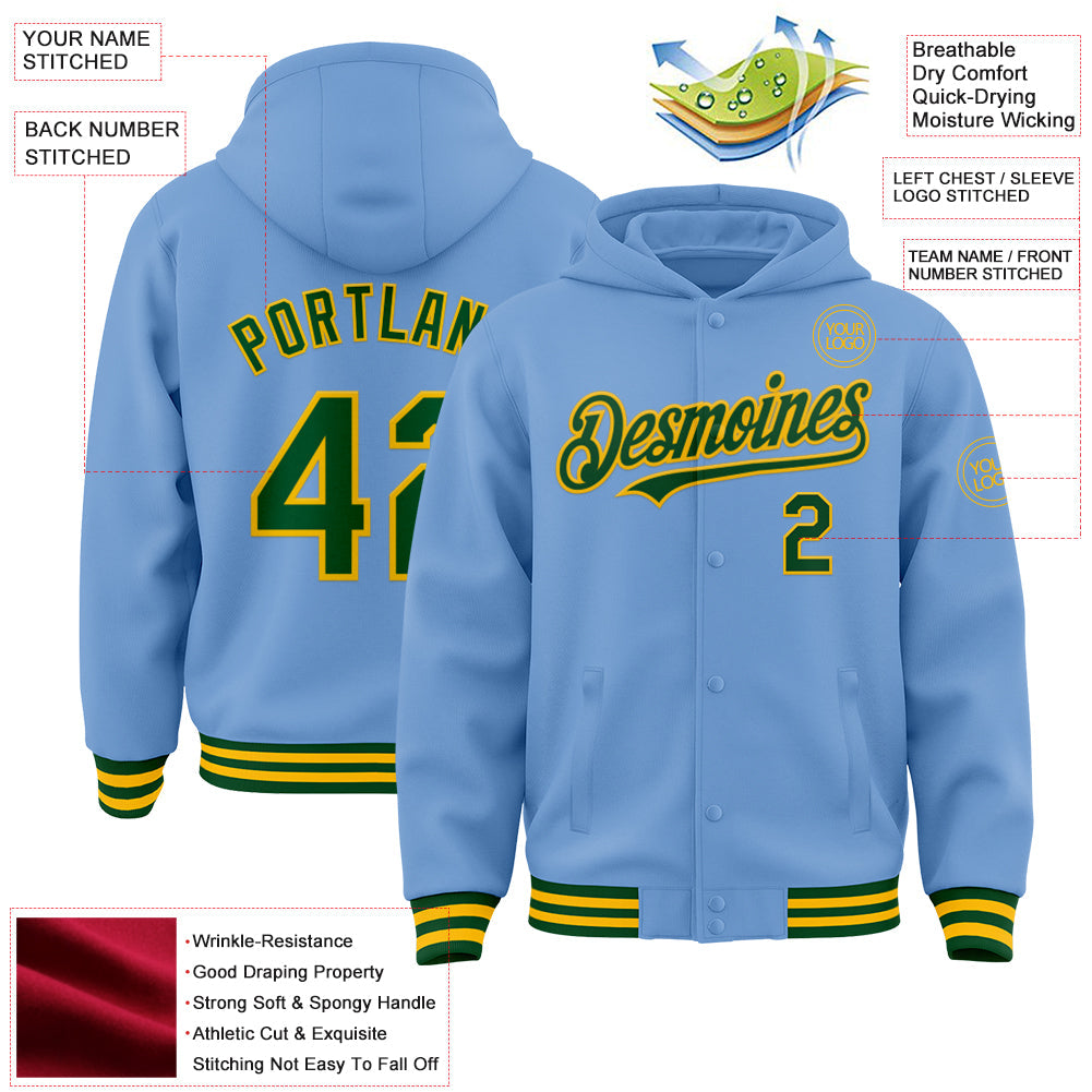 Custom Light Blue Green-Gold Bomber Full-Snap Varsity Letterman Hoodie Jacket view 3