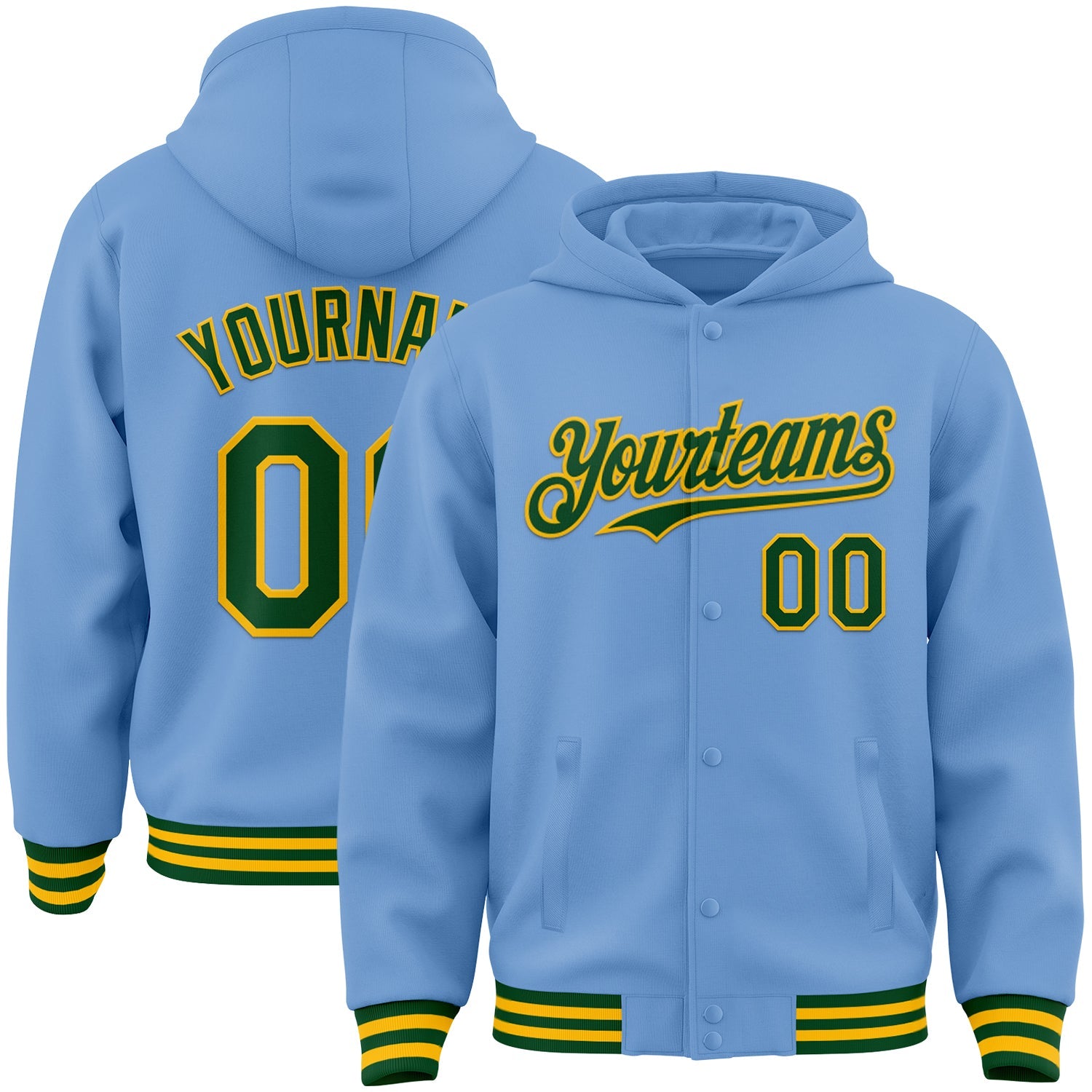 Custom Light Blue Green-Gold Bomber Full-Snap Varsity Letterman Hoodie Jacket - Main View