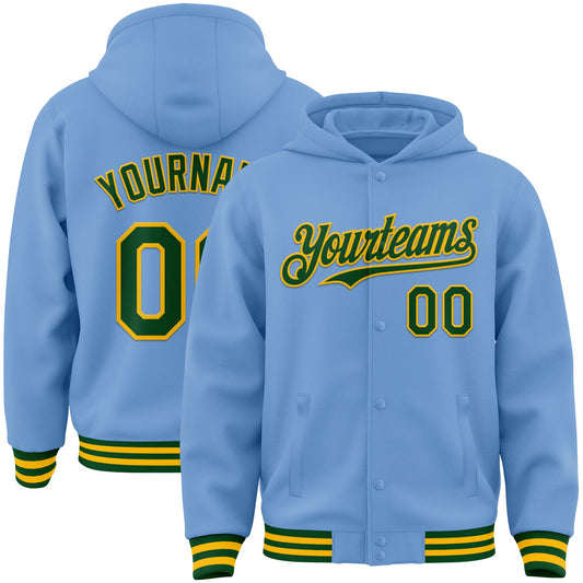Custom Light Blue Green-Gold Bomber Full-Snap Varsity Letterman Hoodie Jacket - Main View