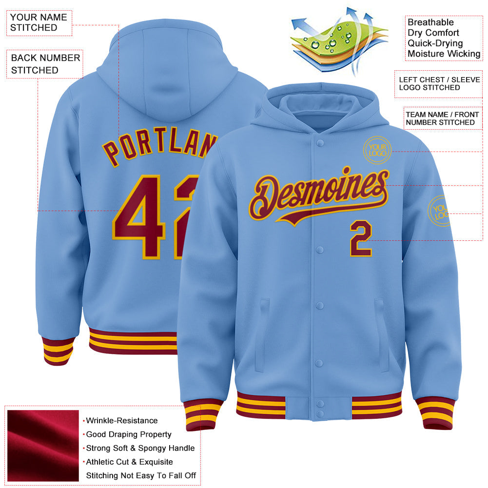 Custom Light Blue Crimson-Gold Bomber Full-Snap Varsity Letterman Hoodie Jacket view 3
