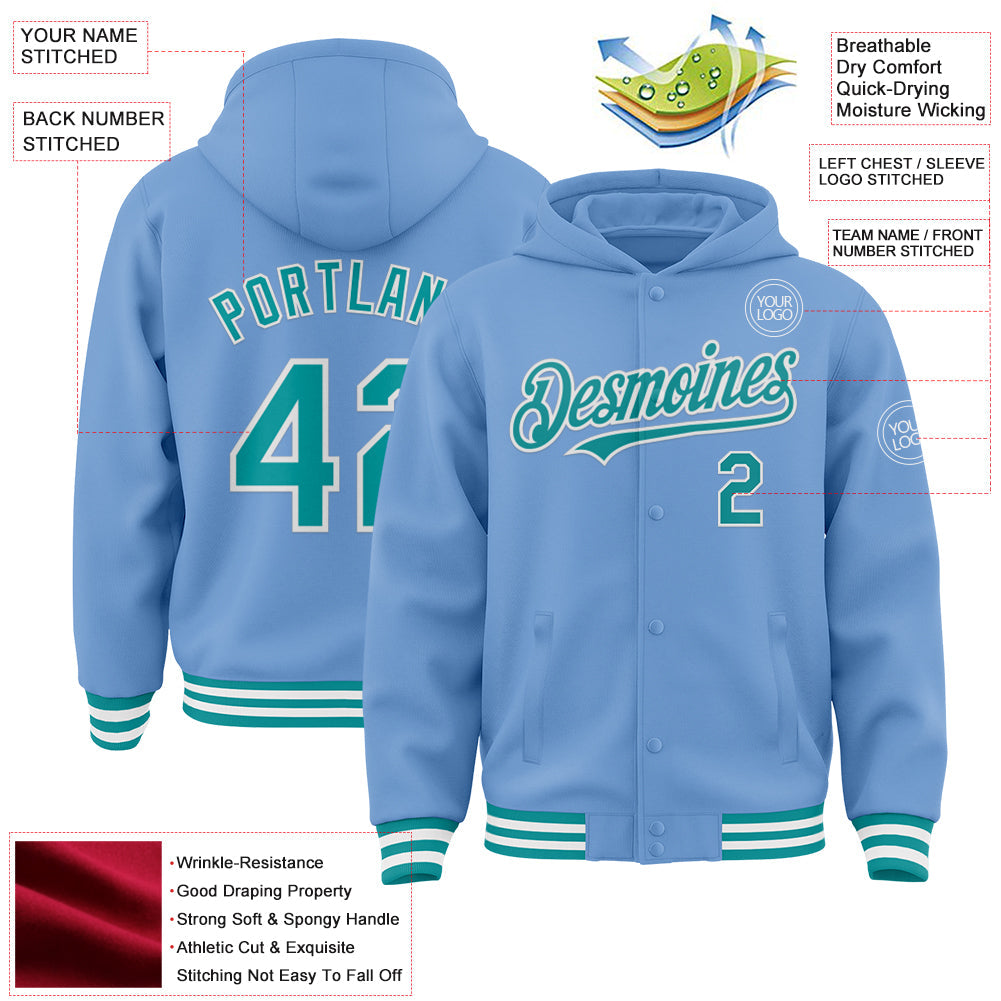 Custom Light Blue Teal-White Bomber Full-Snap Varsity Letterman Hoodie Jacket view 3