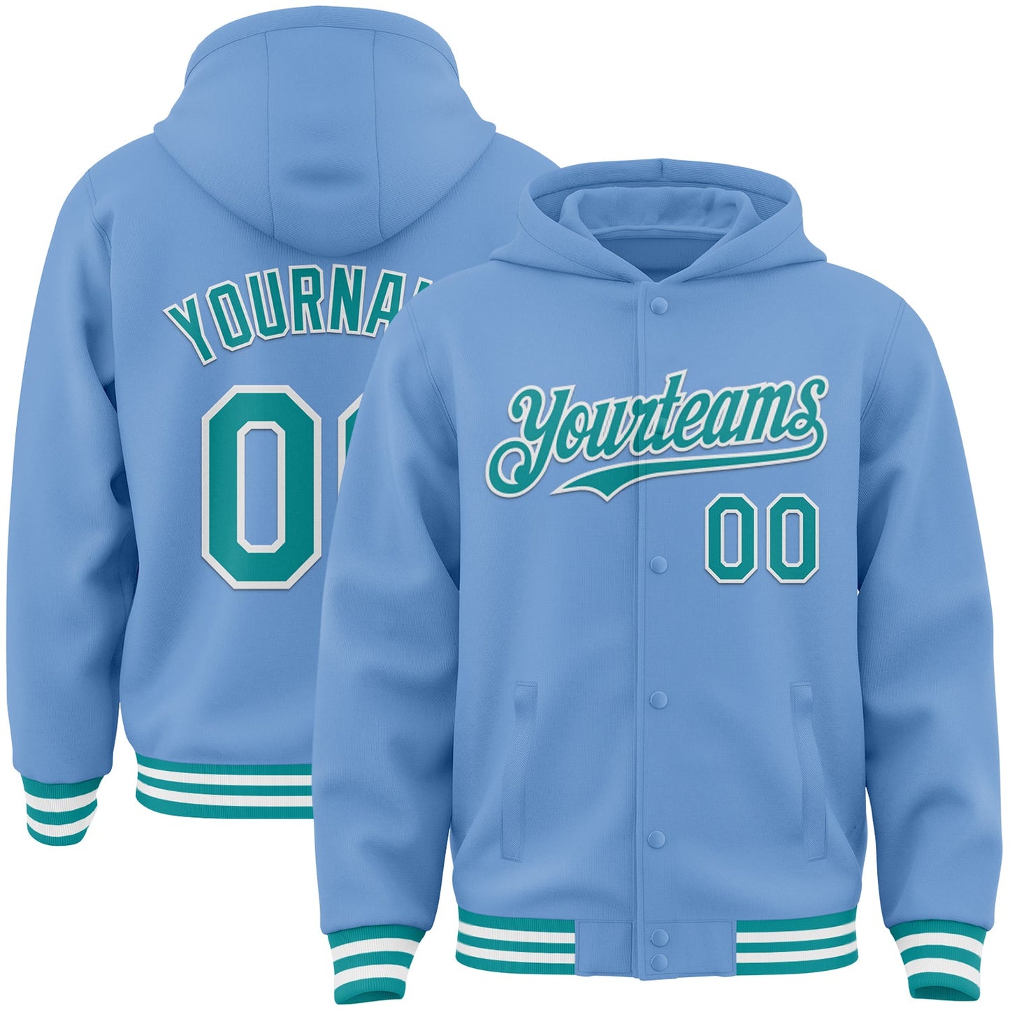 Custom Light Blue Teal-White Bomber Full-Snap Varsity Letterman Hoodie Jacket - Main View