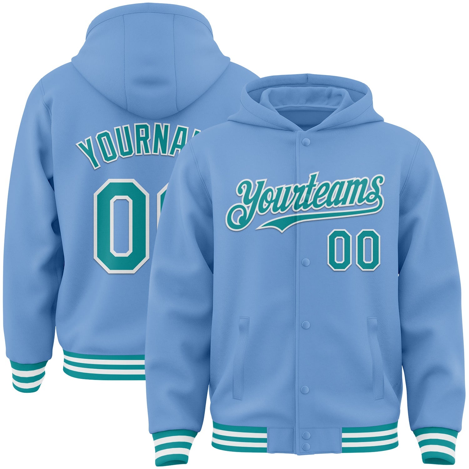 Custom Light Blue Teal-White Bomber Full-Snap Varsity Letterman Hoodie Jacket - Main View