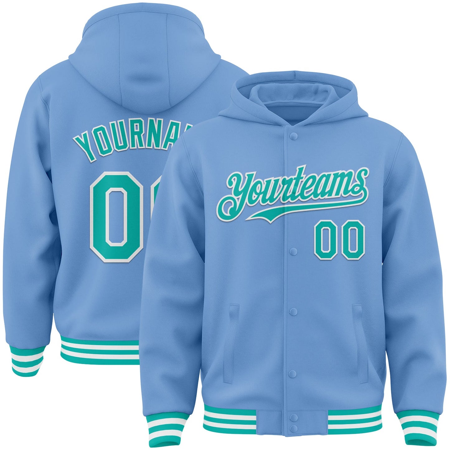 Custom Light Blue Aqua-White Bomber Full-Snap Varsity Letterman Hoodie Jacket - Main View