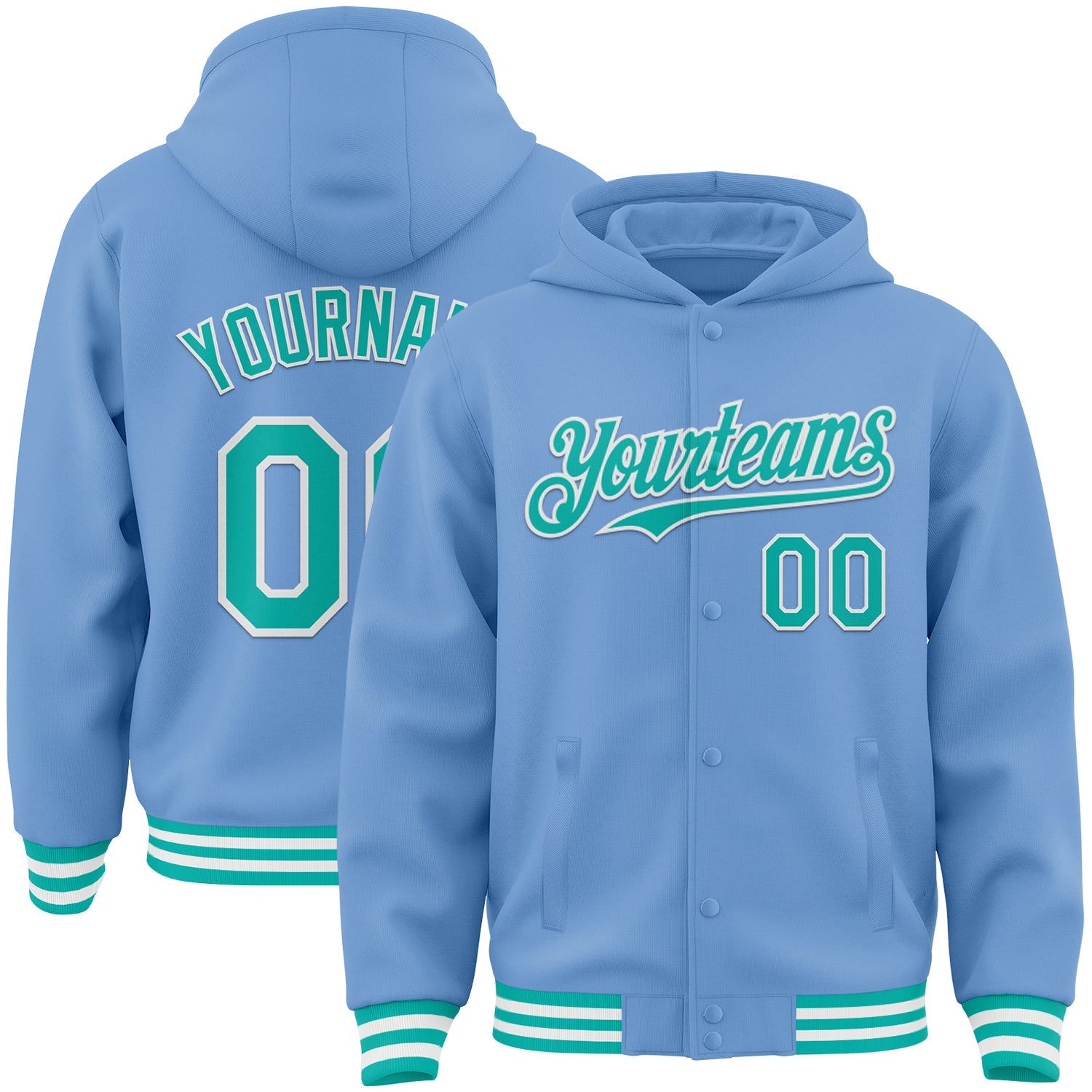 Custom Light Blue Aqua-White Bomber Full-Snap Varsity Letterman Hoodie Jacket - Main View