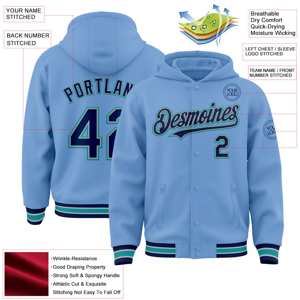 Custom Light Blue Navy Gray-Teal Bomber Full-Snap Varsity Letterman Hoodie Jacket view 3