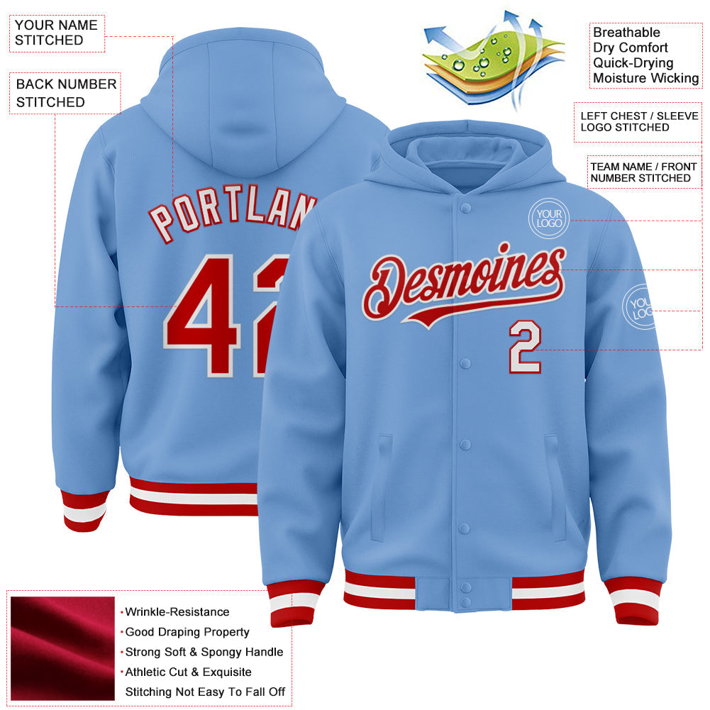 Custom Light Blue Red-White Bomber Full-Snap Varsity Letterman Hoodie Jacket view 3