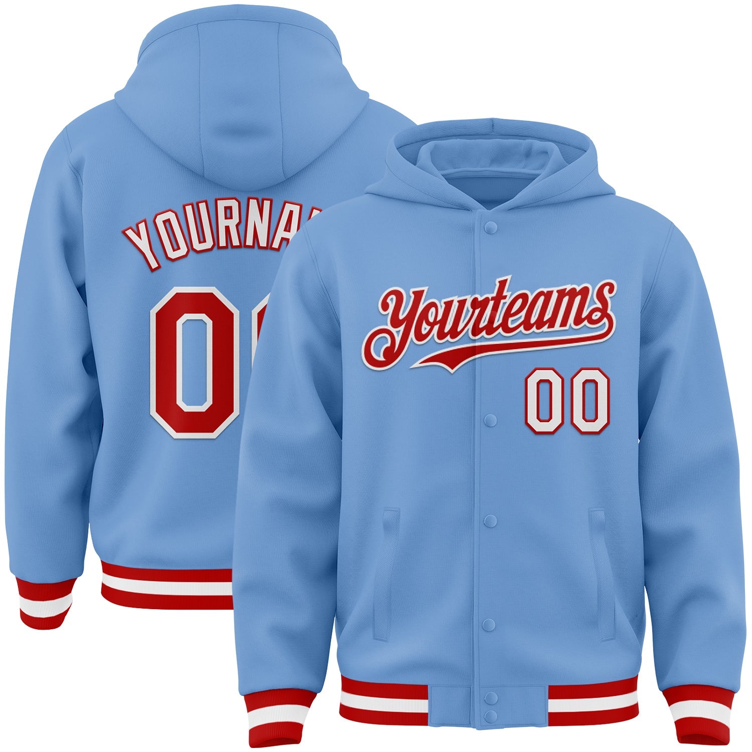 Custom Light Blue Red-White Bomber Full-Snap Varsity Letterman Hoodie Jacket - Main View