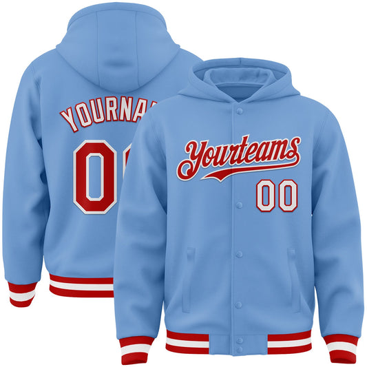 Custom Light Blue Red-White Bomber Full-Snap Varsity Letterman Hoodie Jacket - Main View