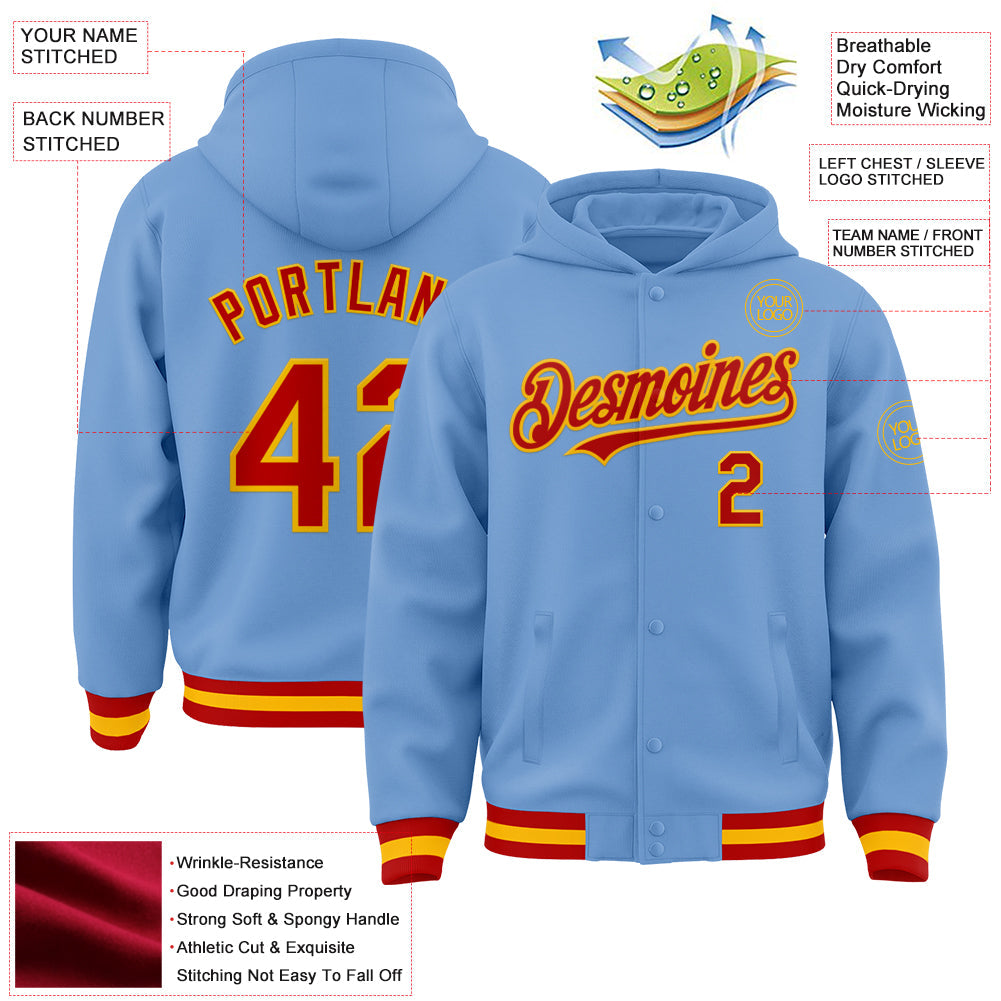 Custom Light Blue Red-Gold Bomber Full-Snap Varsity Letterman Hoodie Jacket view 3