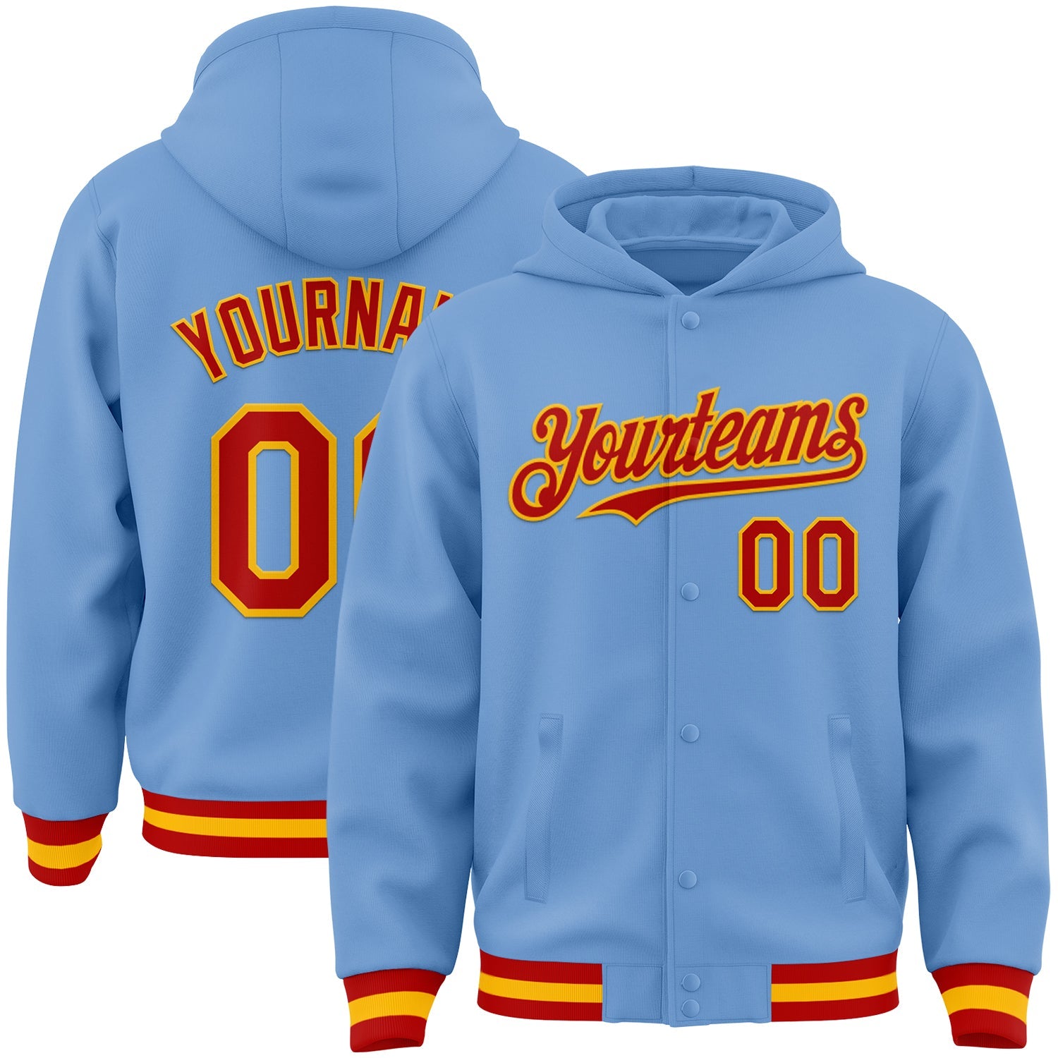 Custom Light Blue Red-Gold Bomber Full-Snap Varsity Letterman Hoodie Jacket - Main View
