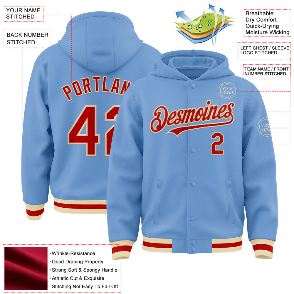 Custom Light Blue Red-Cream Bomber Full-Snap Varsity Letterman Hoodie Jacket view 3