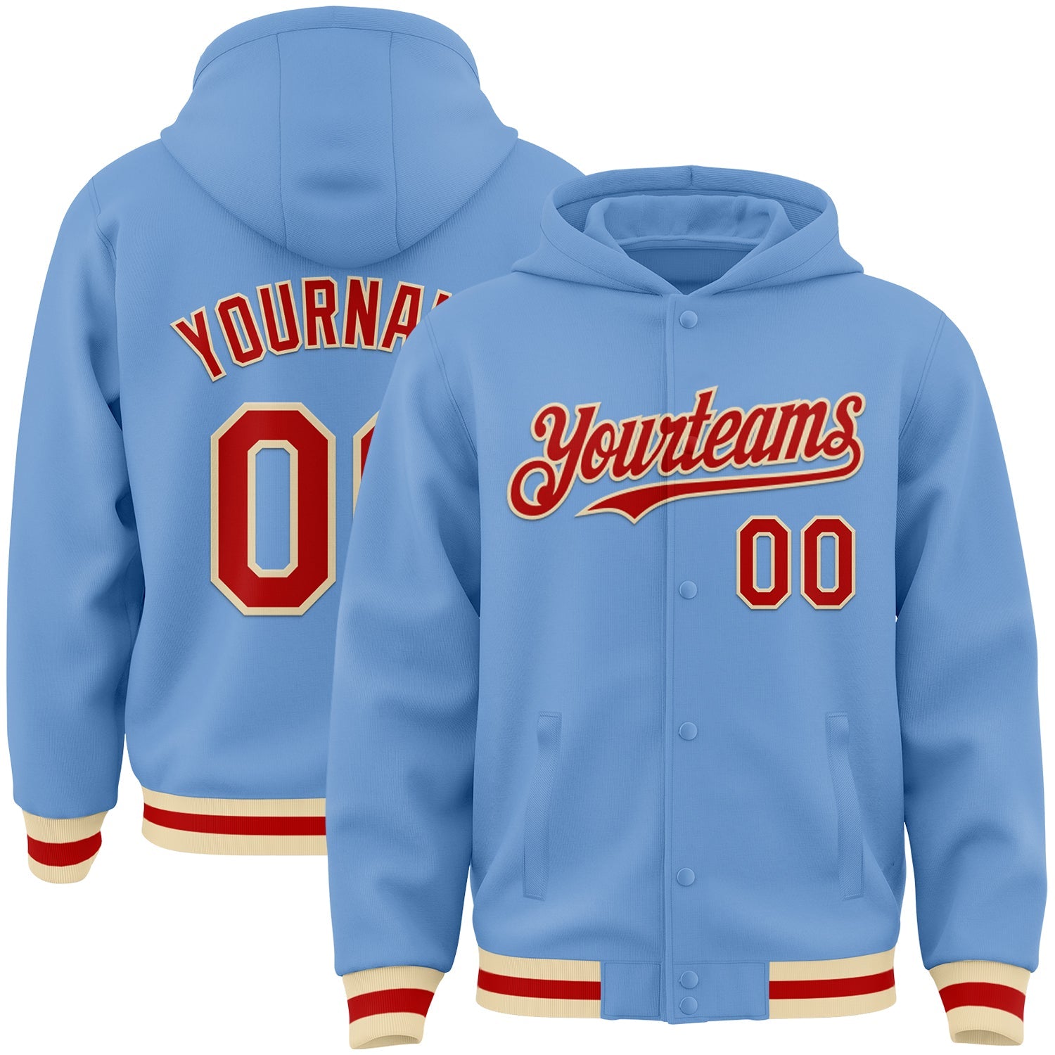Custom Light Blue Red-Cream Bomber Full-Snap Varsity Letterman Hoodie Jacket - Main View
