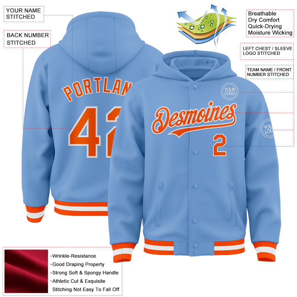 Custom Light Blue Orange-White Bomber Full-Snap Varsity Letterman Hoodie Jacket view 3