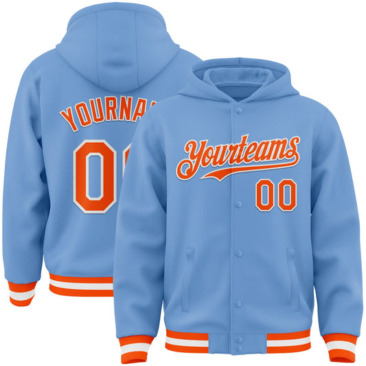 Custom Light Blue Orange-White Bomber Full-Snap Varsity Letterman Hoodie Jacket - Main View
