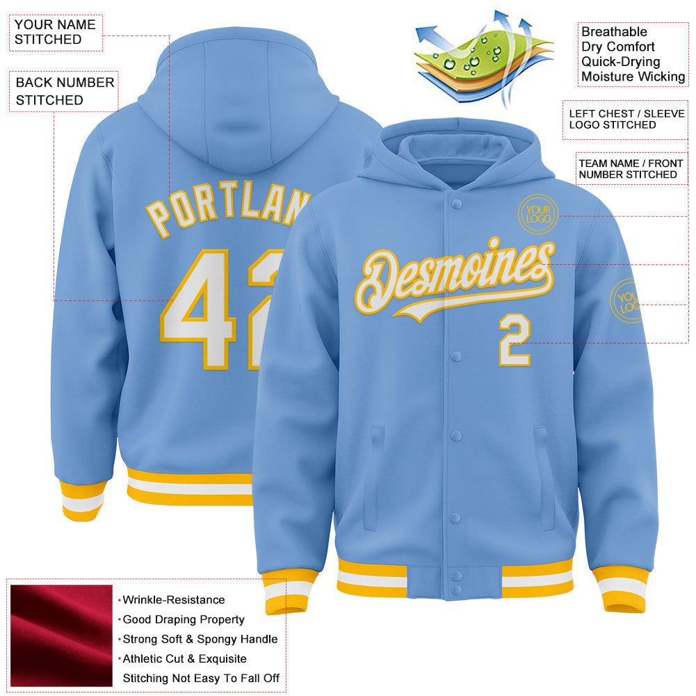 Custom Light Blue White-Gold Bomber Full-Snap Varsity Letterman Hoodie Jacket view 3