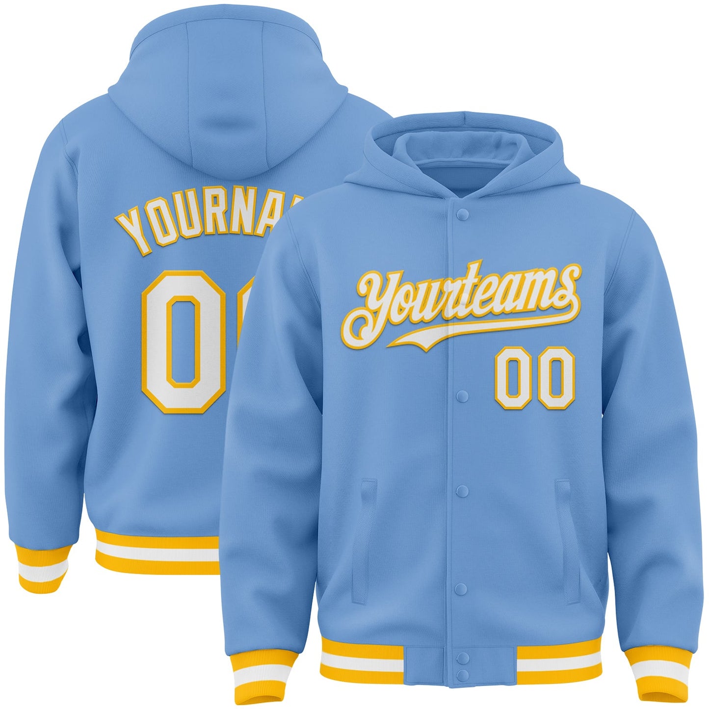 Custom Light Blue White-Gold Bomber Full-Snap Varsity Letterman Hoodie Jacket - Main View