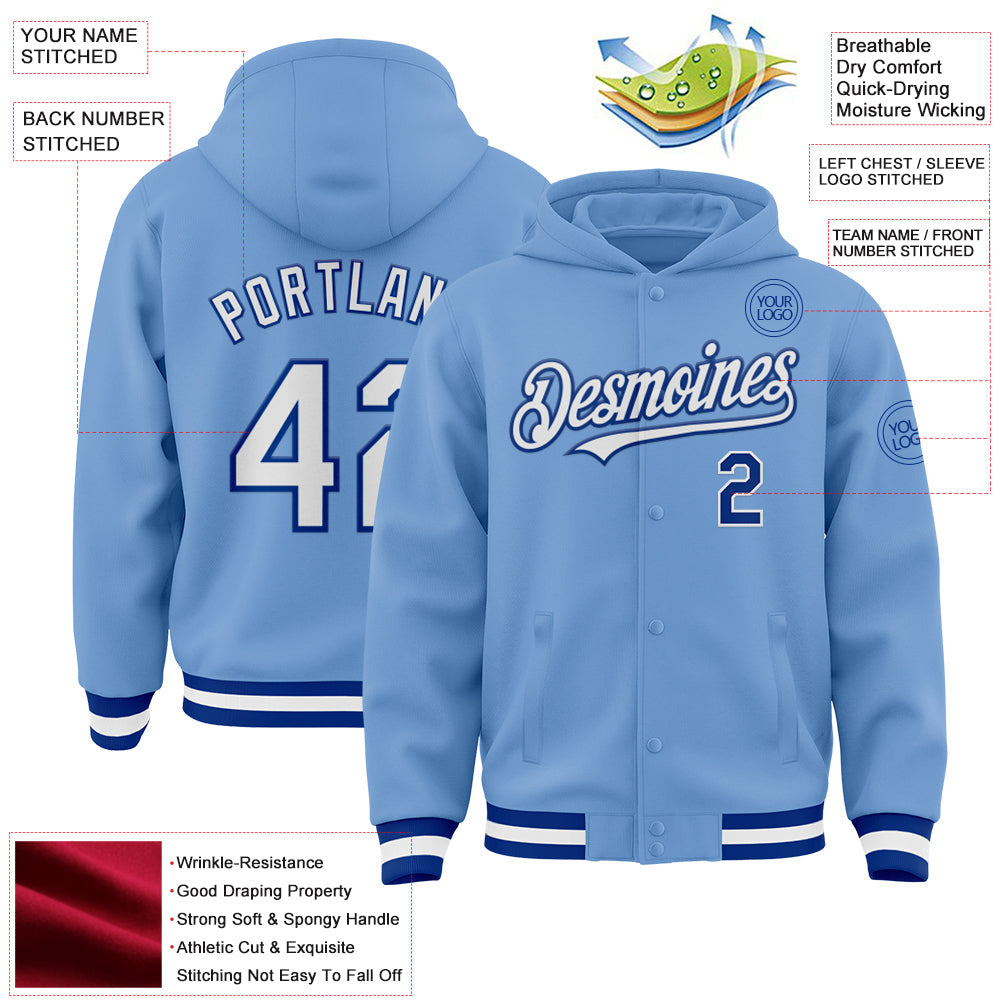 Custom Light Blue White-Royal Bomber Full-Snap Varsity Letterman Hoodie Jacket view 3