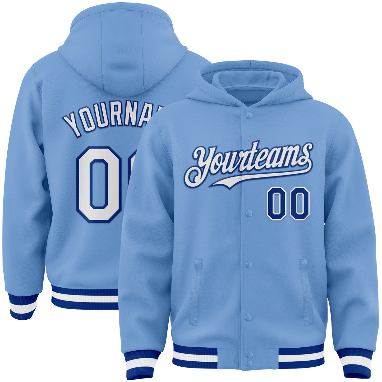 Custom Light Blue White-Royal Bomber Full-Snap Varsity Letterman Hoodie Jacket - Main View
