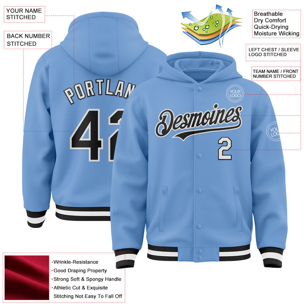 Custom Light Blue Black-White Bomber Full-Snap Varsity Letterman Hoodie Jacket view 3