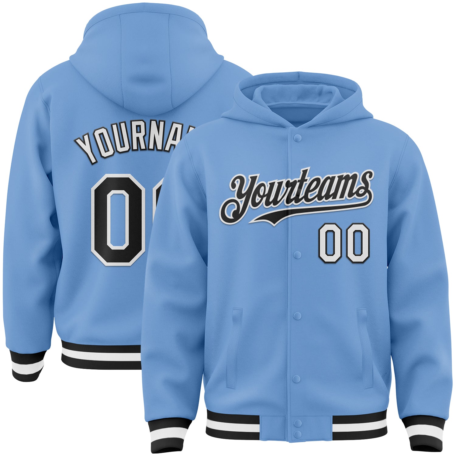 Custom Light Blue Black-White Bomber Full-Snap Varsity Letterman Hoodie Jacket - Main View