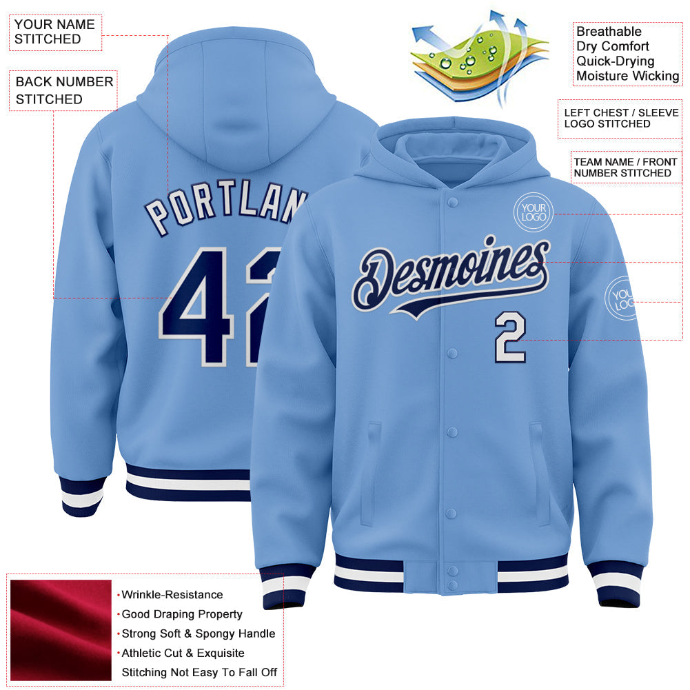 Custom Light Blue Navy-White Bomber Full-Snap Varsity Letterman Hoodie Jacket view 3