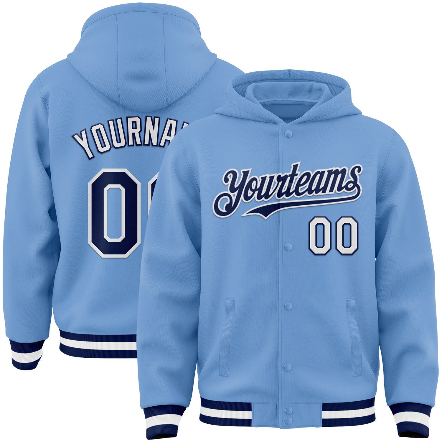 Custom Light Blue Navy-White Bomber Full-Snap Varsity Letterman Hoodie Jacket - Main View
