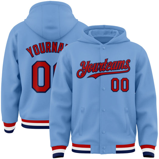 Custom Light Blue Red-Navy Bomber Full-Snap Varsity Letterman Hoodie Jacket - Main View