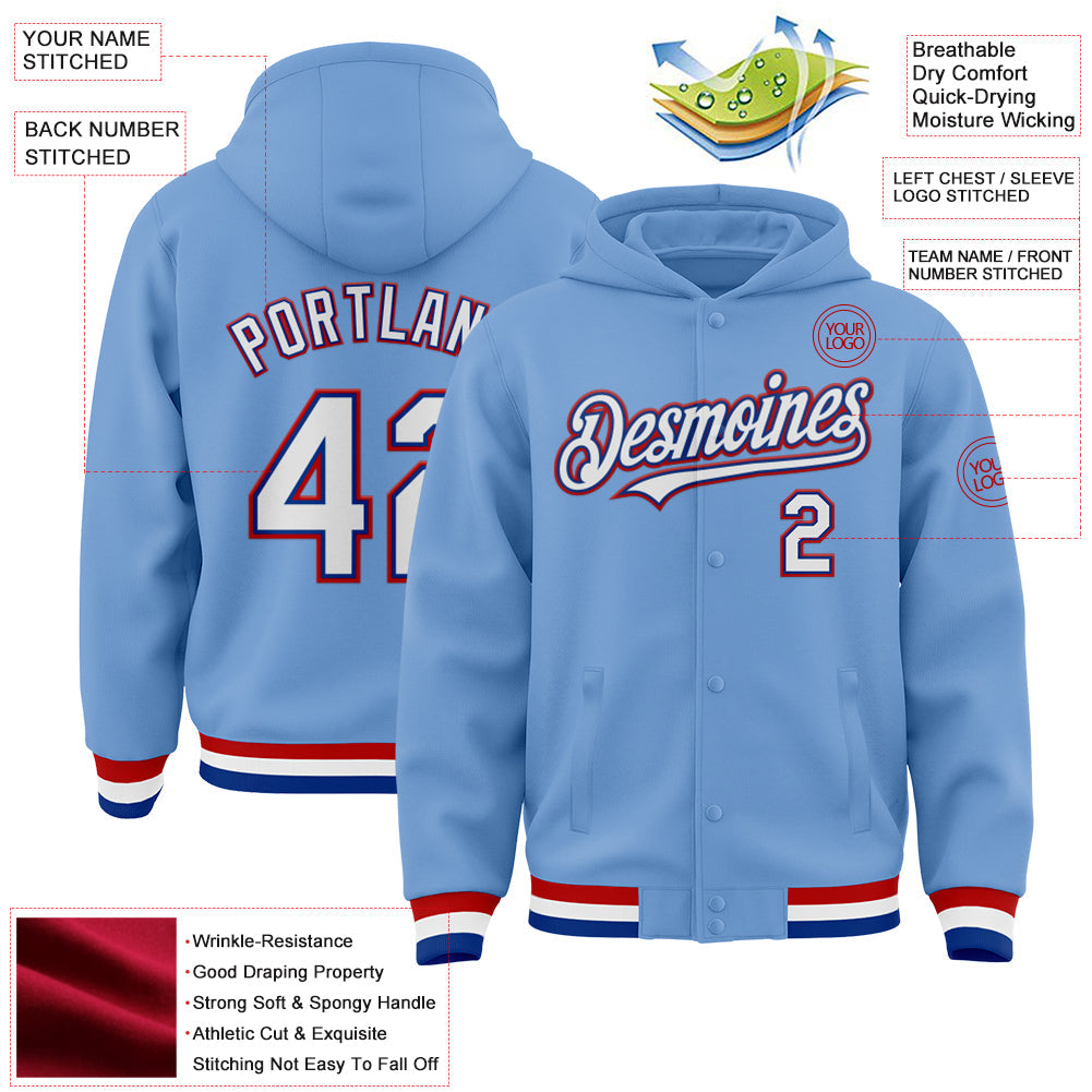 Custom Light Blue Royal-Red Bomber Full-Snap Varsity Letterman Hoodie Jacket view 3