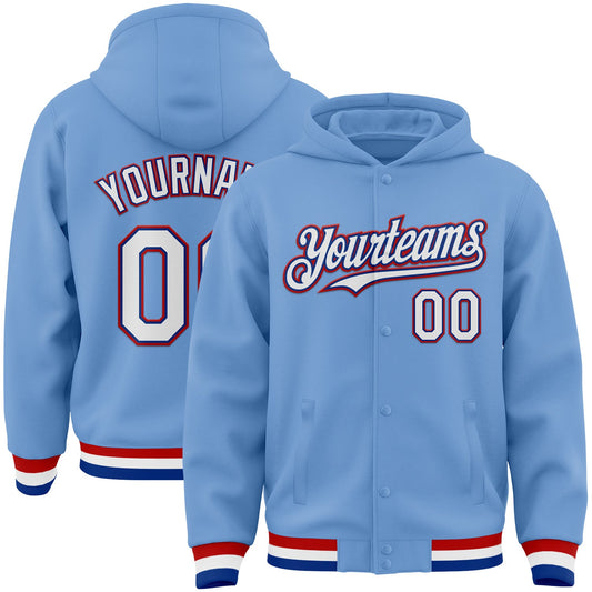 Custom Light Blue Royal-Red Bomber Full-Snap Varsity Letterman Hoodie Jacket - Main View