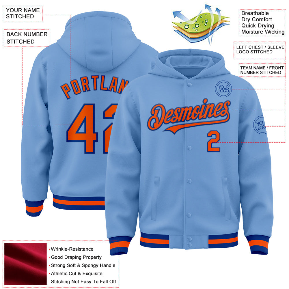 Custom Light Blue Orange-Royal Bomber Full-Snap Varsity Letterman Hoodie Jacket view 3