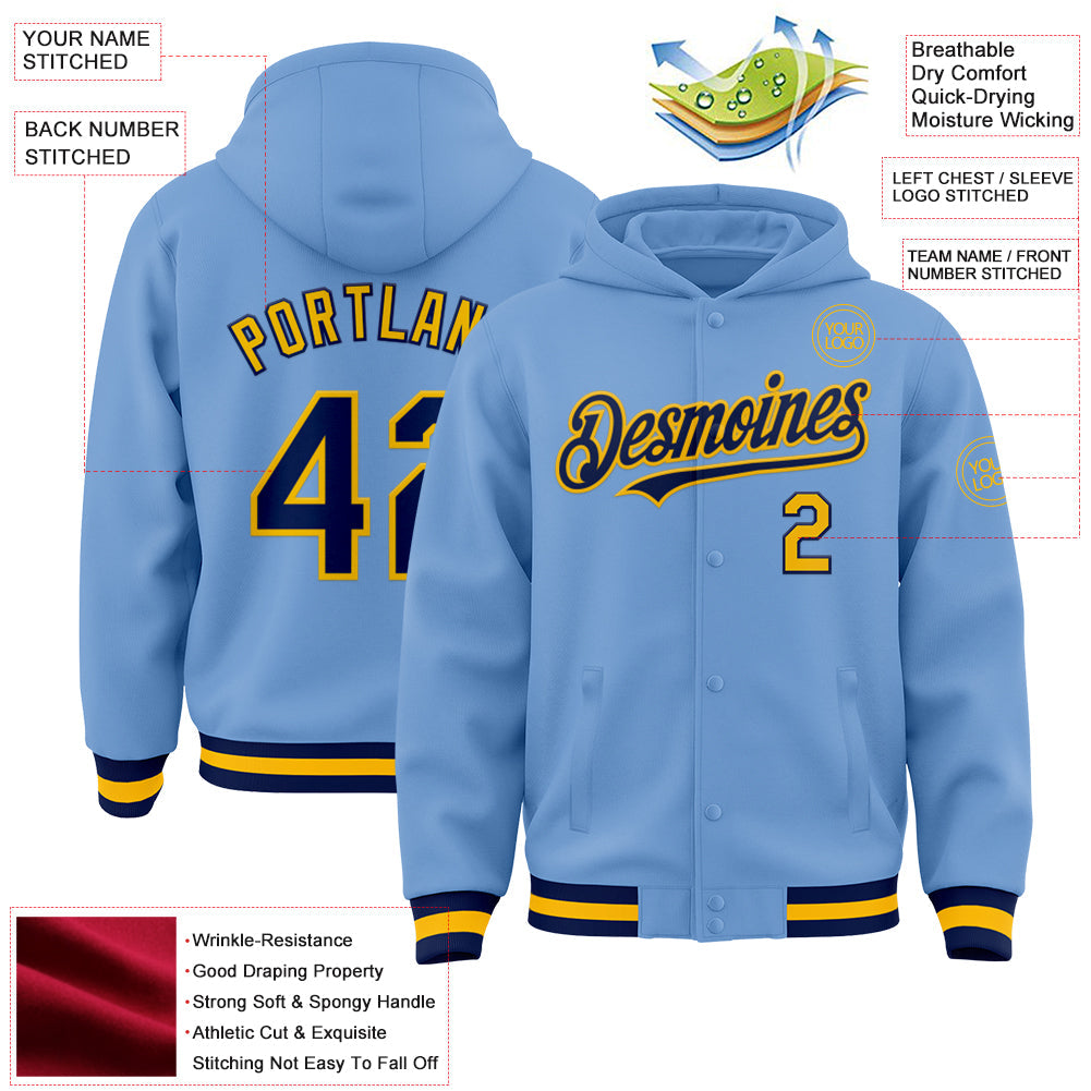 Custom Light Blue Navy-Gold Bomber Full-Snap Varsity Letterman Hoodie Jacket view 3