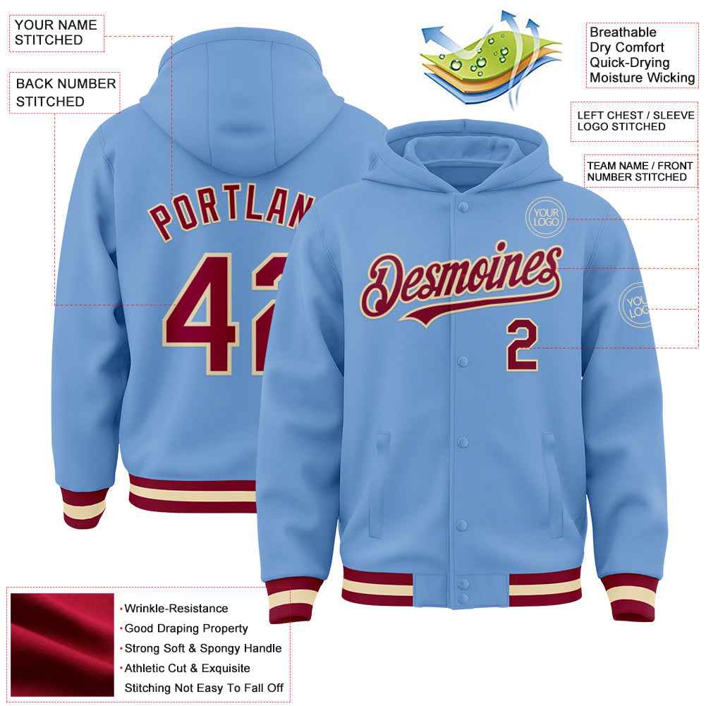 Custom Light Blue Maroon-Cream Bomber Full-Snap Varsity Letterman Hoodie Jacket view 3