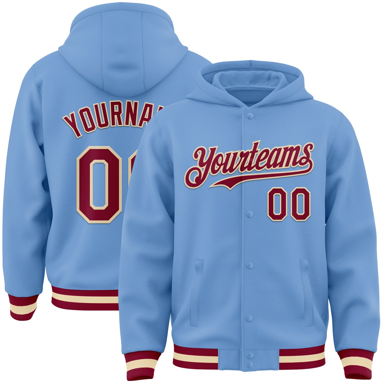 Custom Light Blue Maroon-Cream Bomber Full-Snap Varsity Letterman Hoodie Jacket - Main View