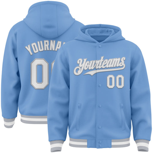 Custom Light Blue White-Gray Bomber Full-Snap Varsity Letterman Hoodie Jacket - Main View