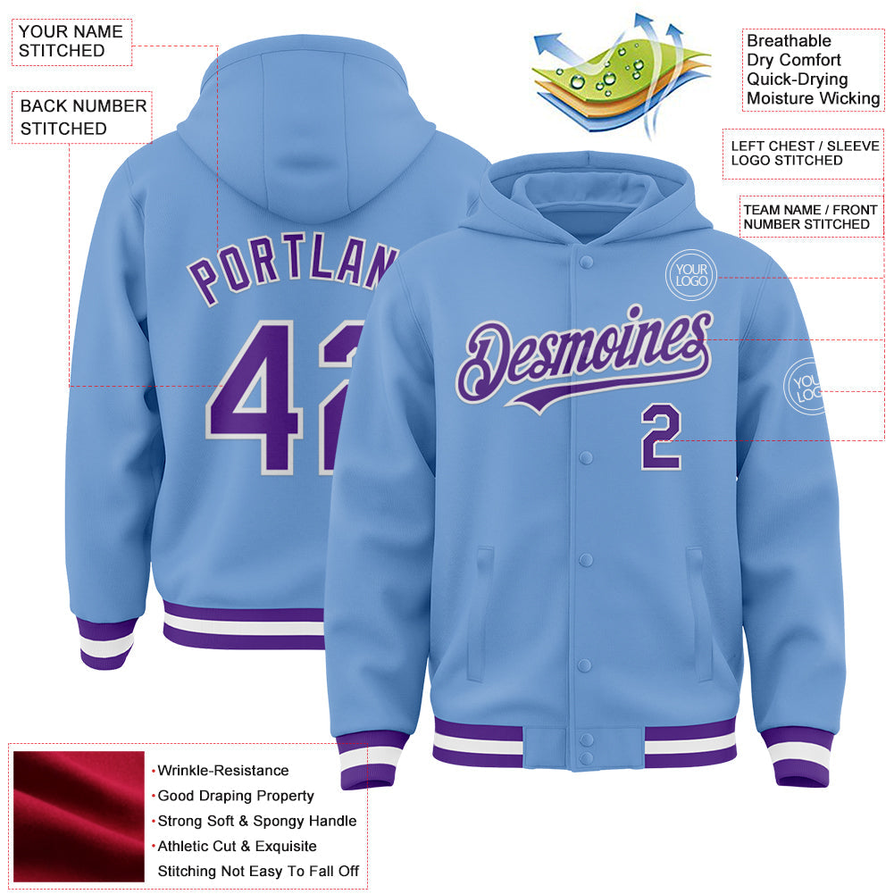 Custom Light Blue Purple-White Bomber Full-Snap Varsity Letterman Hoodie Jacket view 3