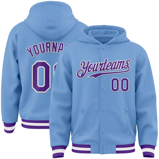 Custom Light Blue Purple-White Bomber Full-Snap Varsity Letterman Hoodie Jacket - Main View