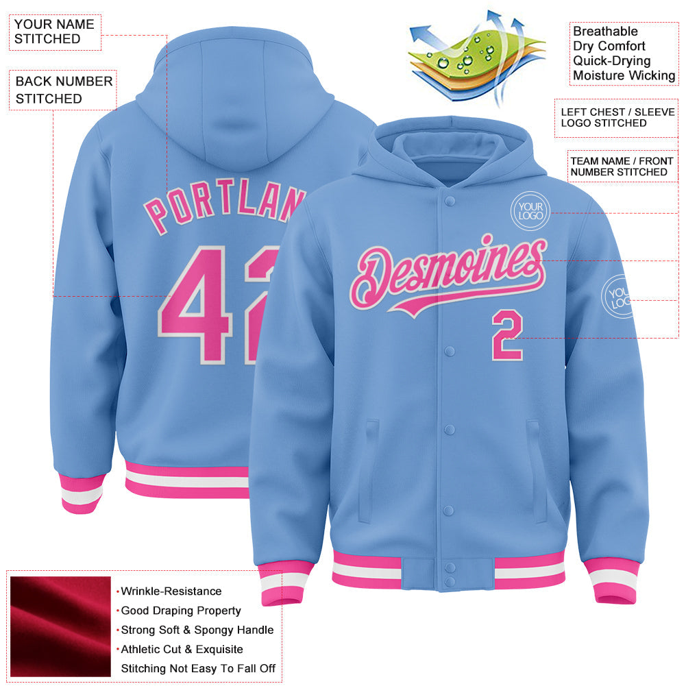 Custom Light Blue Pink-White Bomber Full-Snap Varsity Letterman Hoodie Jacket view 3