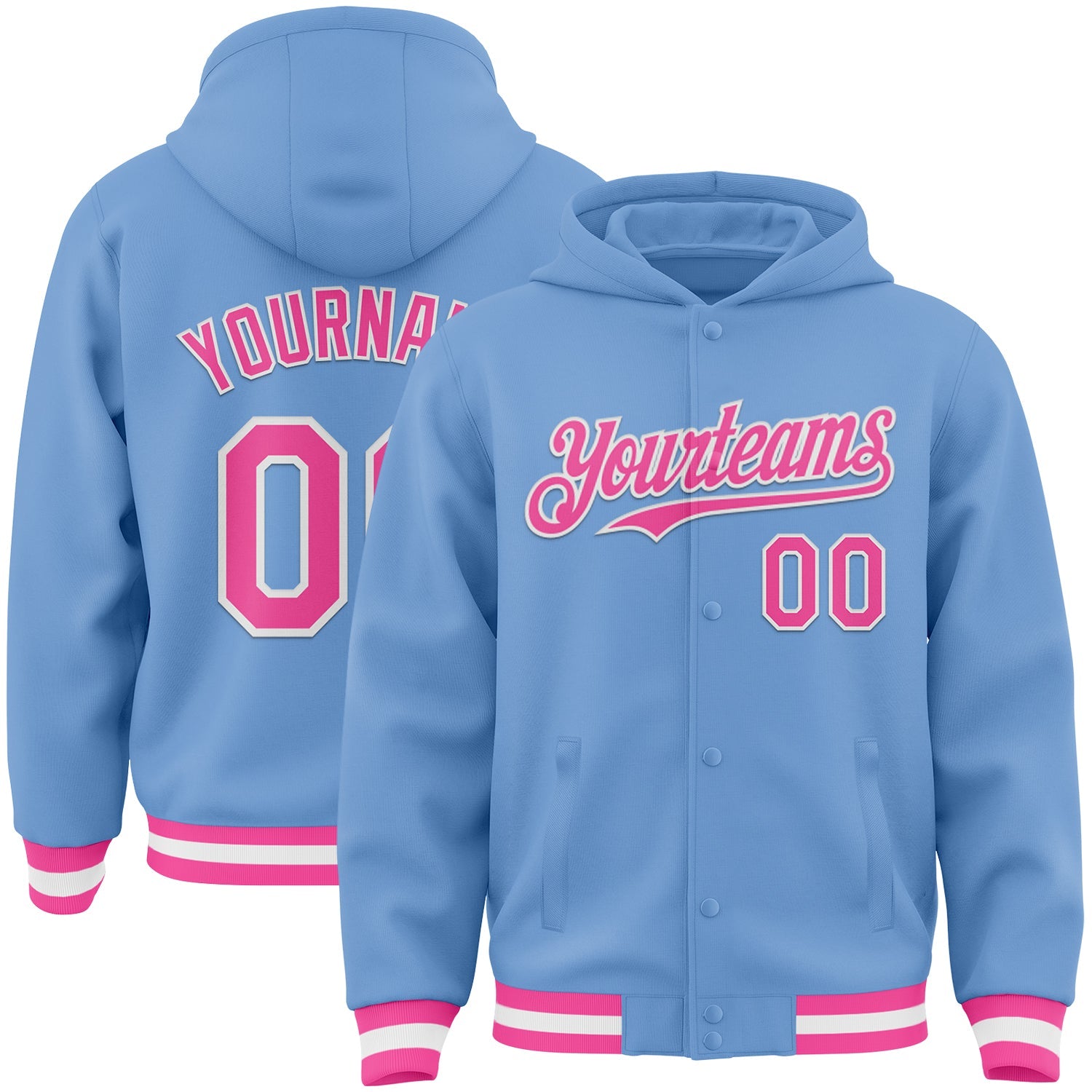 Custom Light Blue Pink-White Bomber Full-Snap Varsity Letterman Hoodie Jacket - Main View