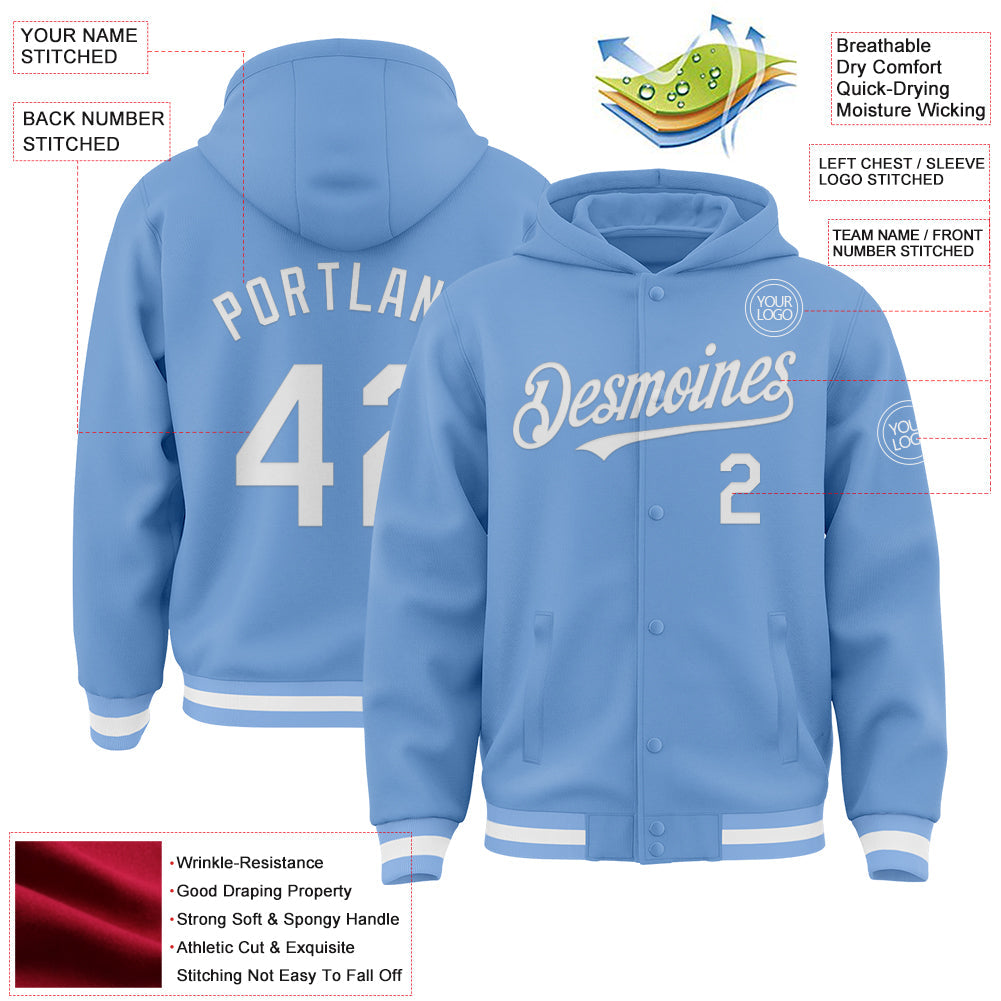 Custom Light Blue White Bomber Full-Snap Varsity Letterman Hoodie Jacket view 3