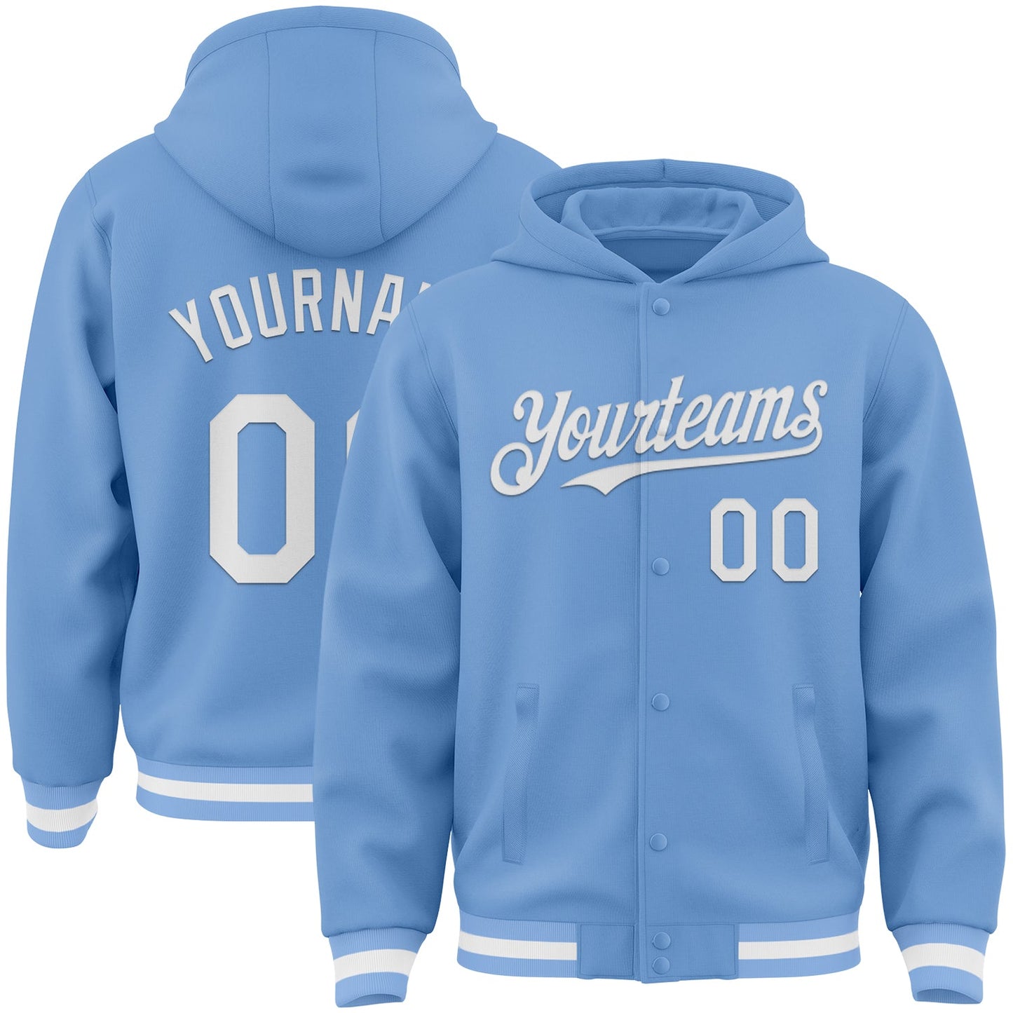 Custom Light Blue White Bomber Full-Snap Varsity Letterman Hoodie Jacket - Main View
