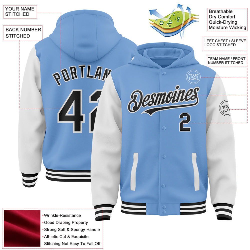 Custom Light Blue Black-White Bomber Full-Snap Varsity Letterman Two Tone Hoodie Jacket view 3